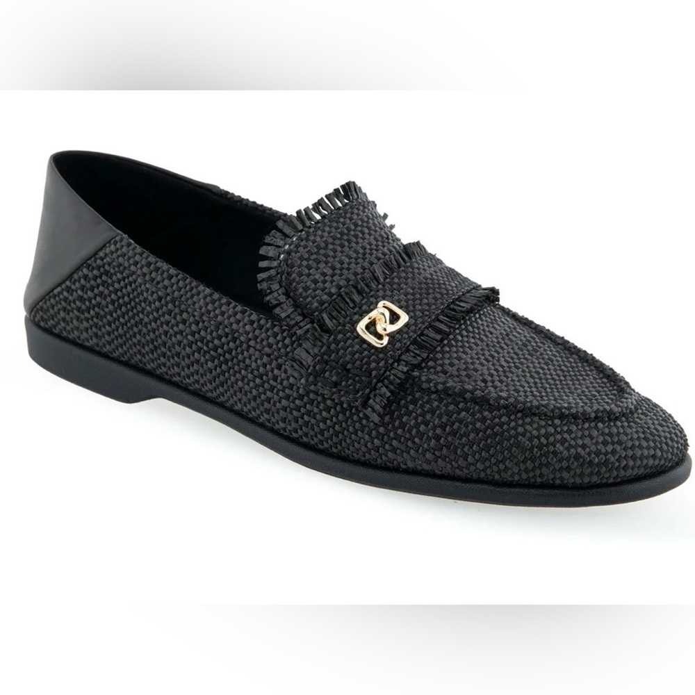 Aerosoles Brik Women's Black Slip-On Loafers Frayed Edge Raffia Upper Sz 7.5